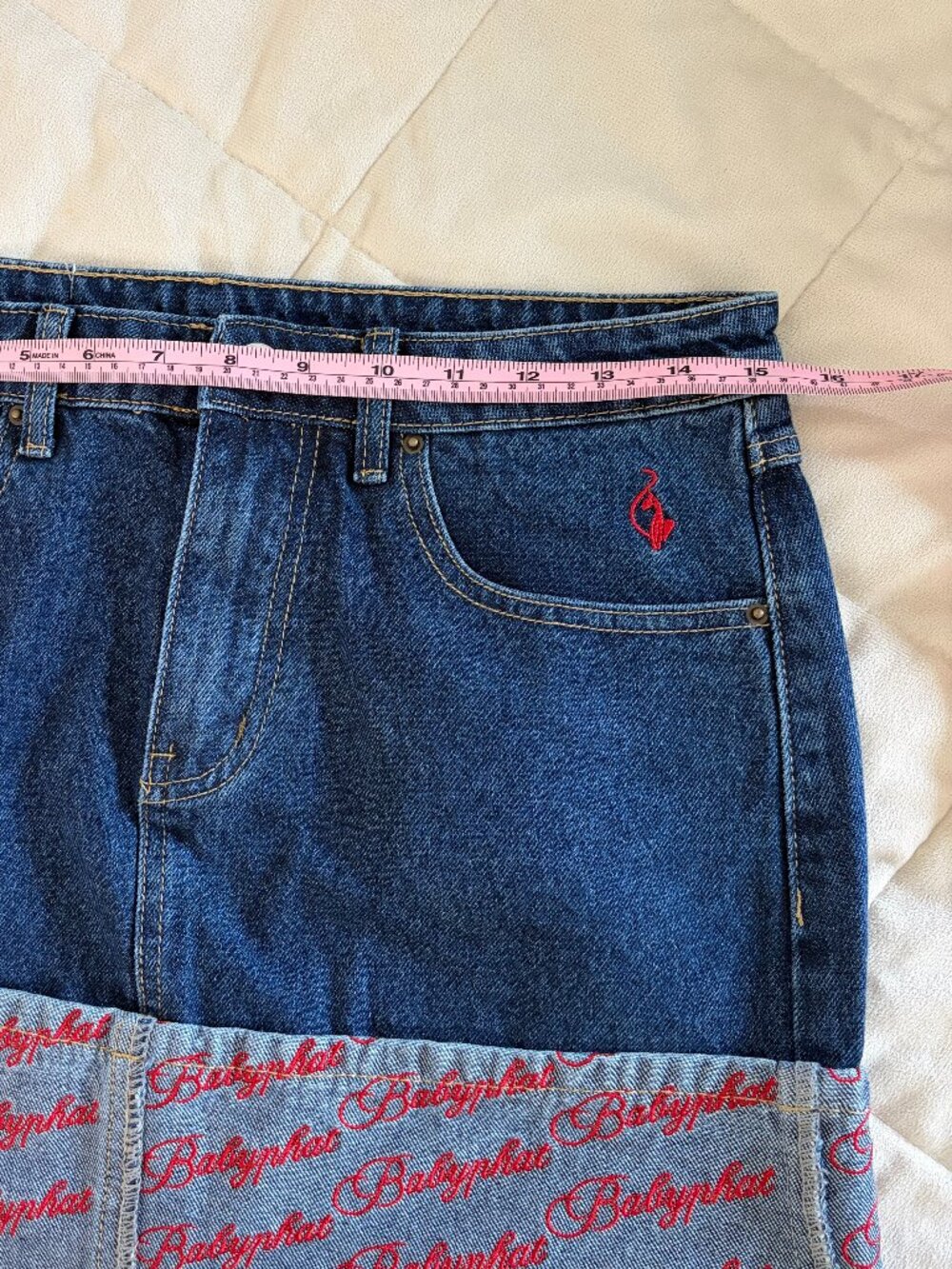 NEW Baby Phat Denim Skirt Y2K Inspo Red Embroidered Logo Hem Cat McBling Medium - Picture 8 of 10